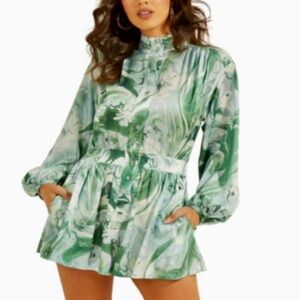 Guess Long Sleeve Celeste Romper Shorts Small Green White Water Marble Print